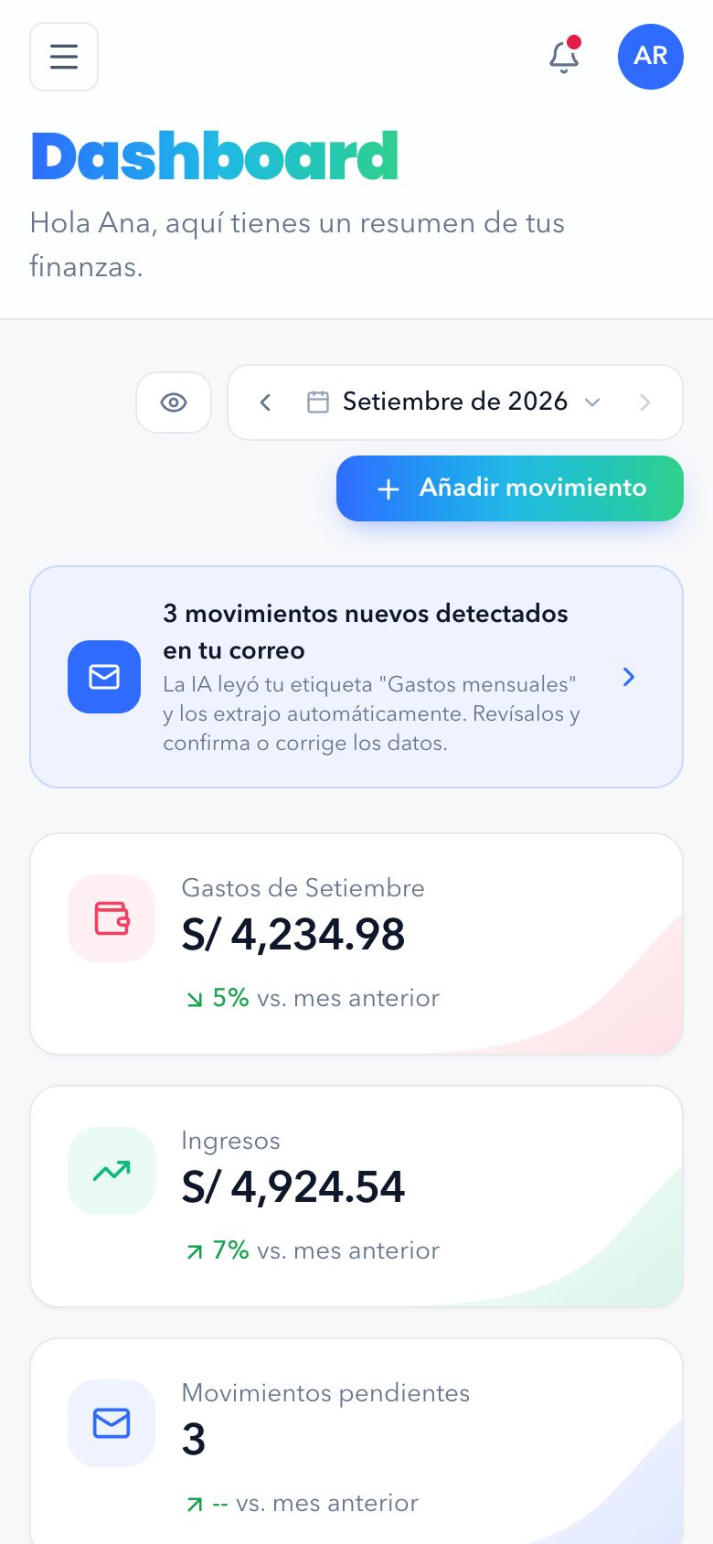 Dashboard de Lumii en el celular